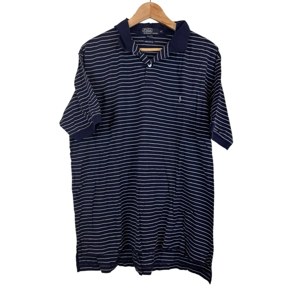 Polo Ralph Lauren Polo Shirt Men's XL Blue Stripe Preppy 90s Pima Cotton Vintage